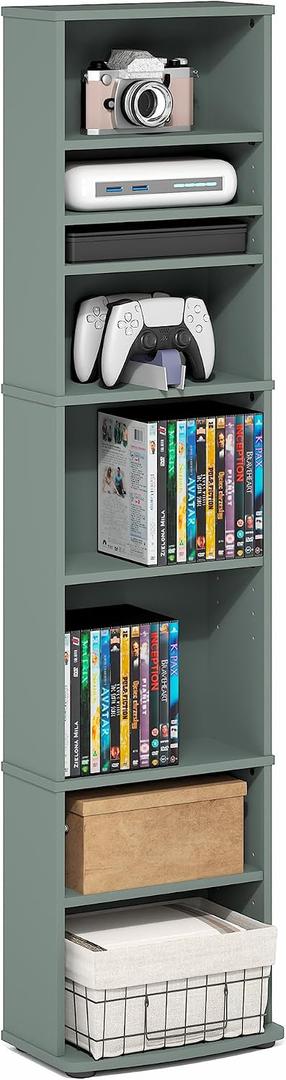 Furinno Jaya DVD Shelf, 8-Tier Tall Narrow CD Rack, Media Shelf with Adjustable Shelves, DVD Storage Cabinets for CD Bluray Game Disc, Easy Assembly, for Living Room, Home Office, Sage Green