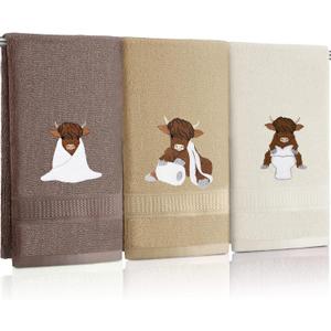 FuWeave 3 Pcs Highland Cow Hand Towels Embroidered Cow Farmhouse Decorative Bath Towels for Bathroom Kitchen Decor Country Farm Highland Holiday Housewarming Gifts, 100% Cotton, 13.3 x 29.5'' (Classic Color)