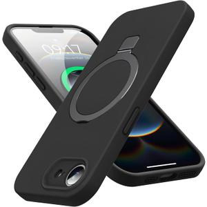 Mag-Ring Designed for iPhone 16E Case, Liquid Silicone [Moisturizing Factor] Extreme Soft Slim Phone Case with Stand [Compatible with MagSafe] for 16E 6.1 inch Men Women Black