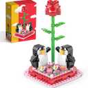 Rose Valentines Flower Building Blocks Set, 281+PCS Red Bouquet Flowers Mini Penguin Blocks Kit Birthday Gifts for Adult Women Teens Indoor Home Office Valentine's Day Decor