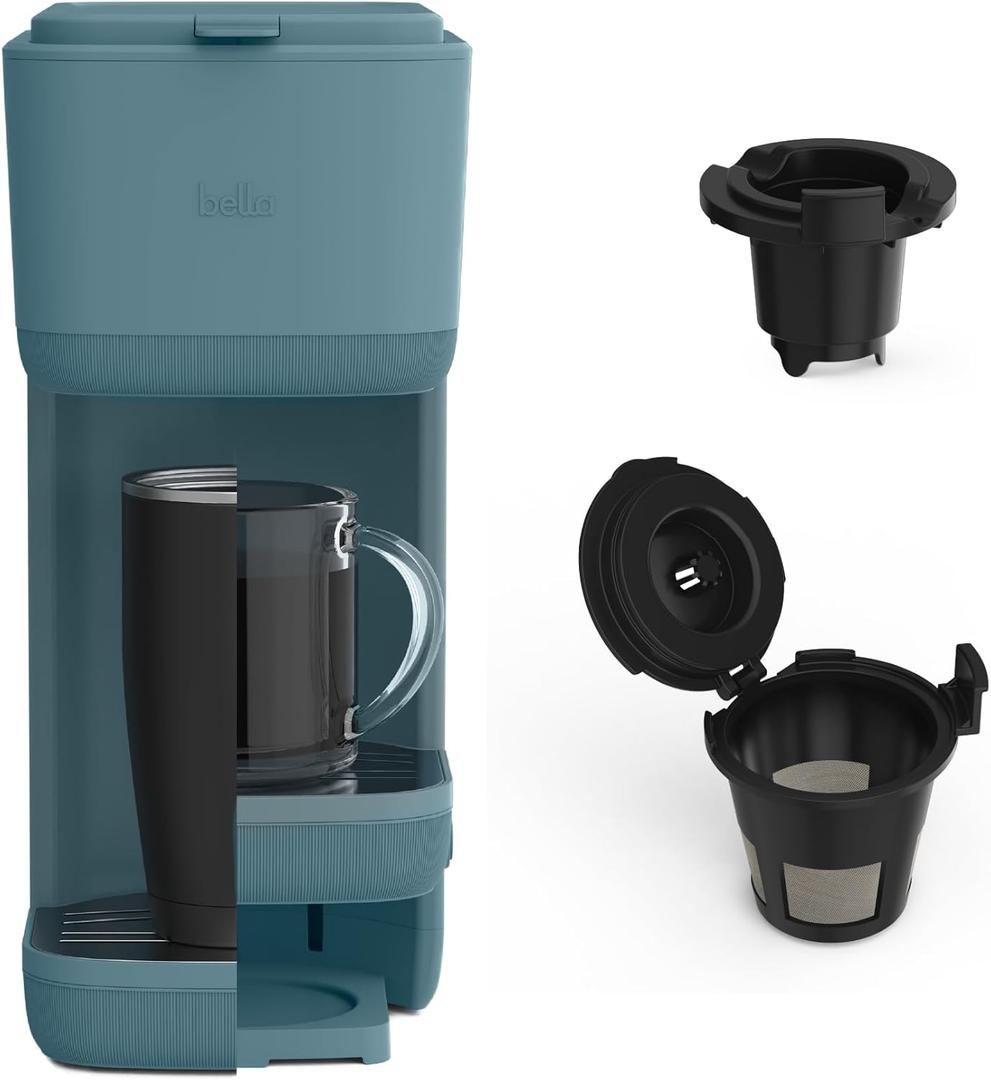 BELLA Single Serve Coffee Maker, K Cup & Coffee Ground Compatible with Removable, Adjustable Drip Tray, Auto Shutoff & Reusable Dishwasher Safe Accessories, Brews 6oz to 14oz, 1000 Watt, Surf