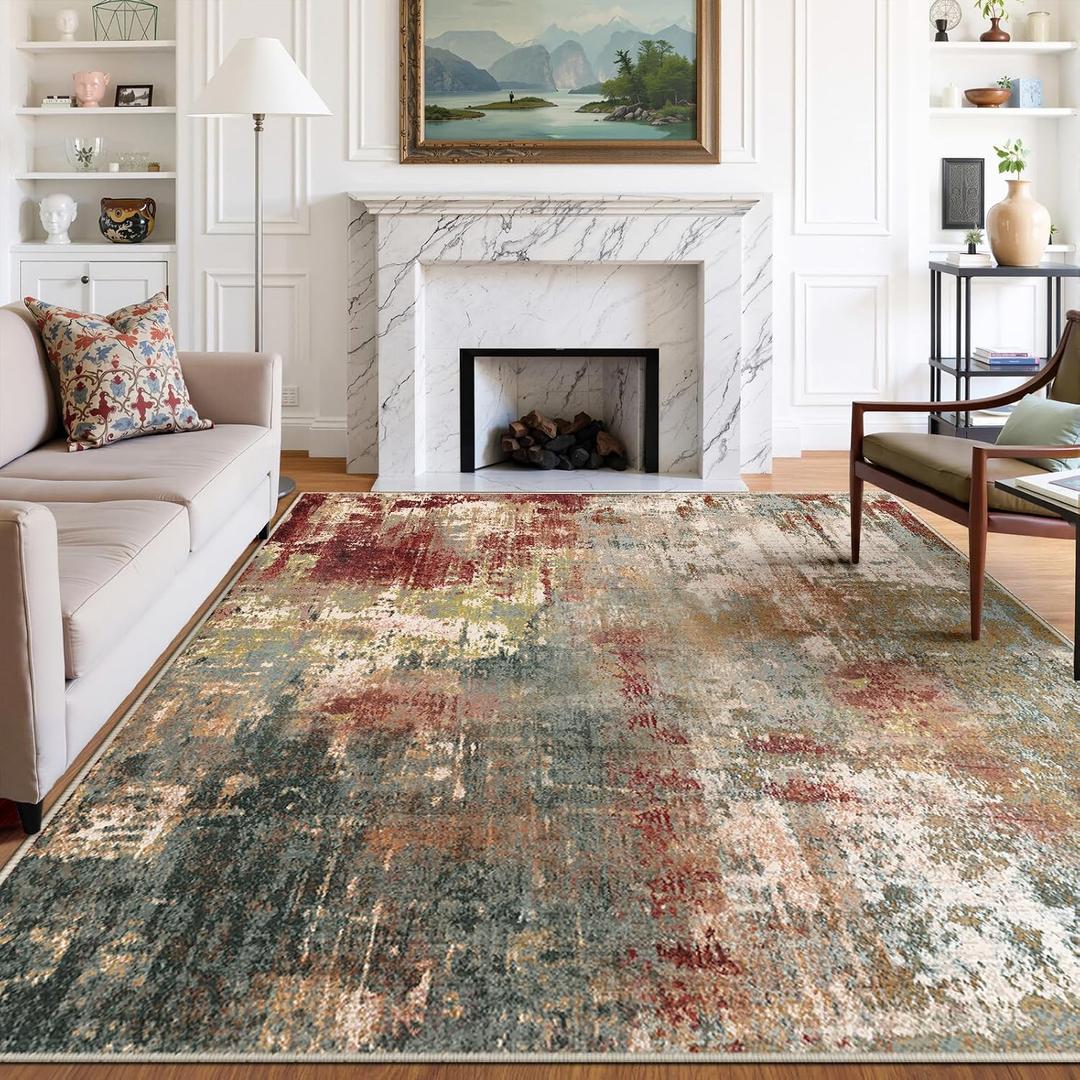 RELEANY Washable Area Rugs 8'x10' Non-Slip Modern Abstract Soft for Living Room Entryway Bedroom Nursery, Print Pattern, Brown Rust Red Green Blue Multi