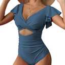 AI'MAGE Women's Ruffle One Piece Swimsuit V Neck Tummy Control Bathing Suits Cutout Backless Swimwear (Large, Blue)