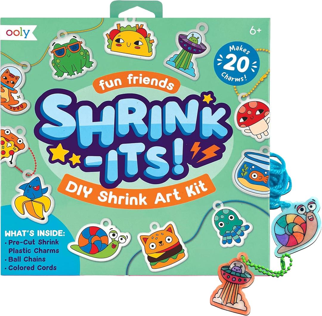Ooly 28 PC DIY Shrinking Art Kit for Kids, 20 Plastic Pre Cut Charms and More, No Mess Creative Activity Jewelry Making Kit - Fun Friends