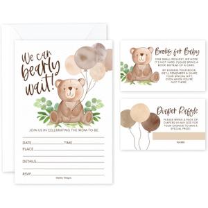 Hadley Designs Baby Shower Invitations for Girl -40 Baby Shower Invites for Boy with Diaper Raffle & Book Request Cards, Teddy Bear Gender Reveal Invitations Gender Neutral, We Can Bearly Wait