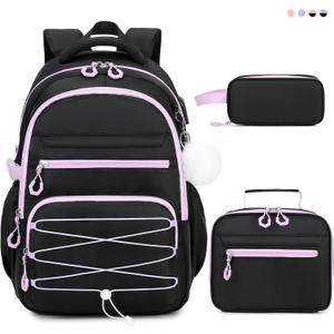 Backpack for Girls, 3 PCS Girls Backpack with Lunch Box, Pencil Cace Set for Teen Girl Kids, Bookbag School Backpacks for Elementary Middle High School College Students Age 3+ Black Purple