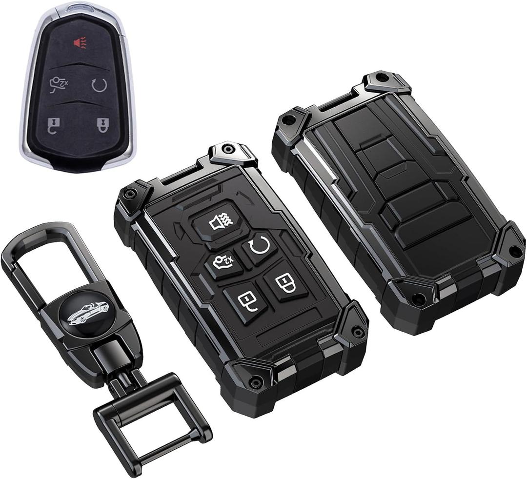 Heavy Key Fob Cover for Cadillac, Keychain, Metal Silicone Key Fob Case Compatible with Cadillac ATS ATS-v CTS CT6 XTS XT5 XT4 XT6 SRX 2014 2015 2016 2017 2018 2019 2020 2021 (Black, S Buckle)