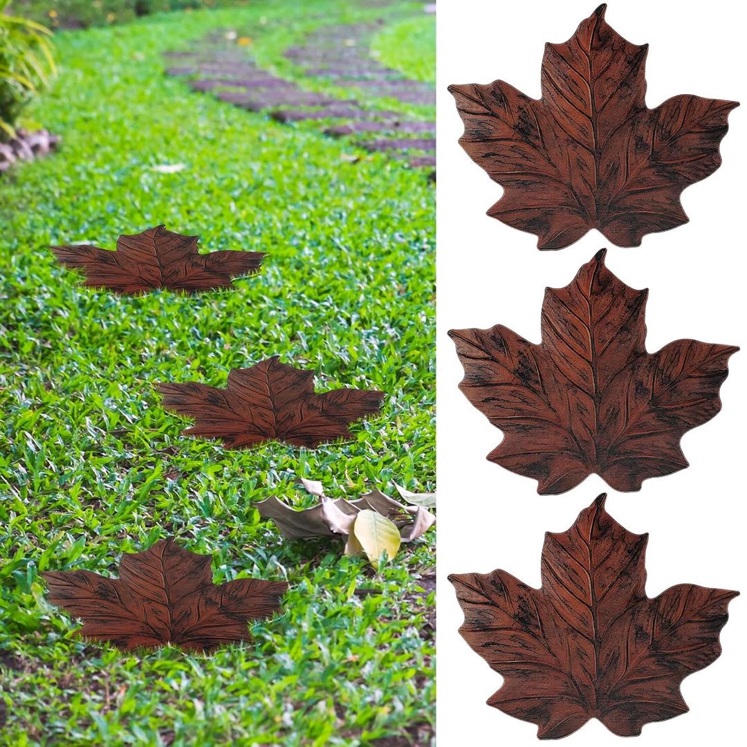 3 Pcs Maple Leaf Stepping Stone 12 Inch Iron Maple Shaped Foot Step Stone Figurine Decorative Portable Stepping Stone Statue for Garden Lawn Patio Yard Walkway Outdoor Indoor Decor, Brown