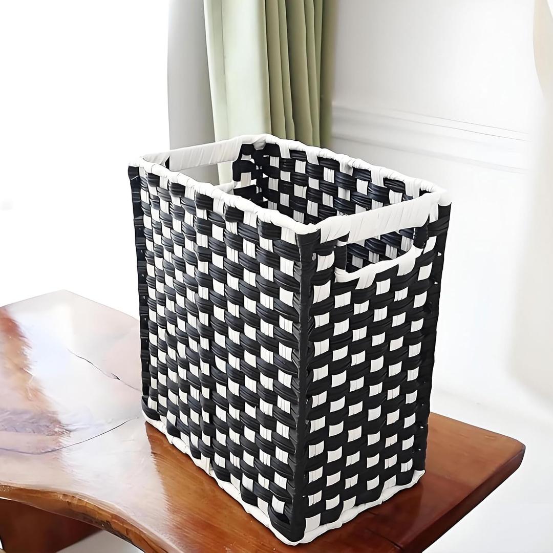 Black Woven Wicker 3.5 Gallon Fabric Trash Can, Storage Baskets, Waterproof Cute Waste Basket, Decorative Trash Bin for Bedroom, Office, Living Room, Kitchen