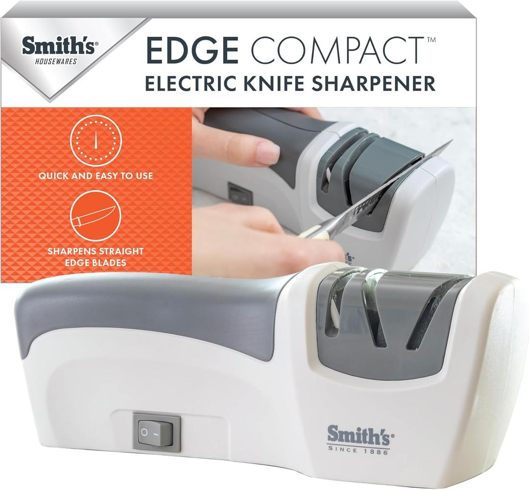 Smiths 50097 Compact Electric Knife Sharpener | White & Grey | Kitchen Knife 2 Stage Sharpener | Electric & Manual | Blade Guide | Quick Sharpening & Polishing | Straight Edge Blades | Handheld (One Size)
