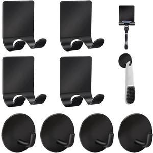 Razor Holder for Shower + Adhesive Wall Hooks, Premium 304 Stainless Steel Shower Razor Holder with Heavy Duty Waterproof Sticky Hooks for Hanging Towels, Coat, hat (4+4 Pack) - Black