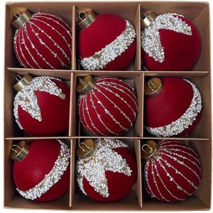4 x 3.15inch Burgundy Velvet Christmas Ornaments Balls Flocked Christmas Tree Glittering Plastic Balls Xmas Hanging Ornaments 9 Pcs-Red