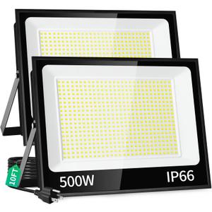 500W LED Flood Light Outdoor with Plug+10ft Cable, 60000LM Ultra Brighter 5000K Exterior Security Light, IP66 Waterproof Commercial Lighting for Sports Fields Counts Arena Stadium(2 Pack)