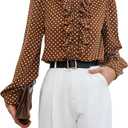 Floerns Women's Ladies Polka Dots Long Sleeve Ruffle Button Down Business Dressy Casual Office Shirts Blouses Tops (Coffee Brown)