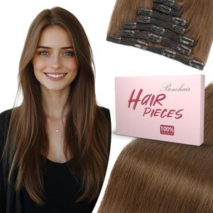 Benehair Clip in Hair Extensions Real Human Hair 10inch Double Weft Medium Brown Hair Extension Clip in Human Hair Invisible Lace Weft Straight Hair Extensions Clip ins 7pcs with 16 Clips 85g #4