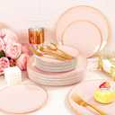 YOUBET 175PCS Pink Plastic Plates - Pink and Gold Disposable Plates Include 50 Plastic Plate, 75 Silverware, 25 Cups, 25 Napkins for Wedding & Party & Birthday Mothers Day
