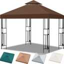 10x10 Double Tiered Canopy Replacement Top with Air Vent, Gazebo Roof for Outdoor Garden (Brown, Flat Edge)