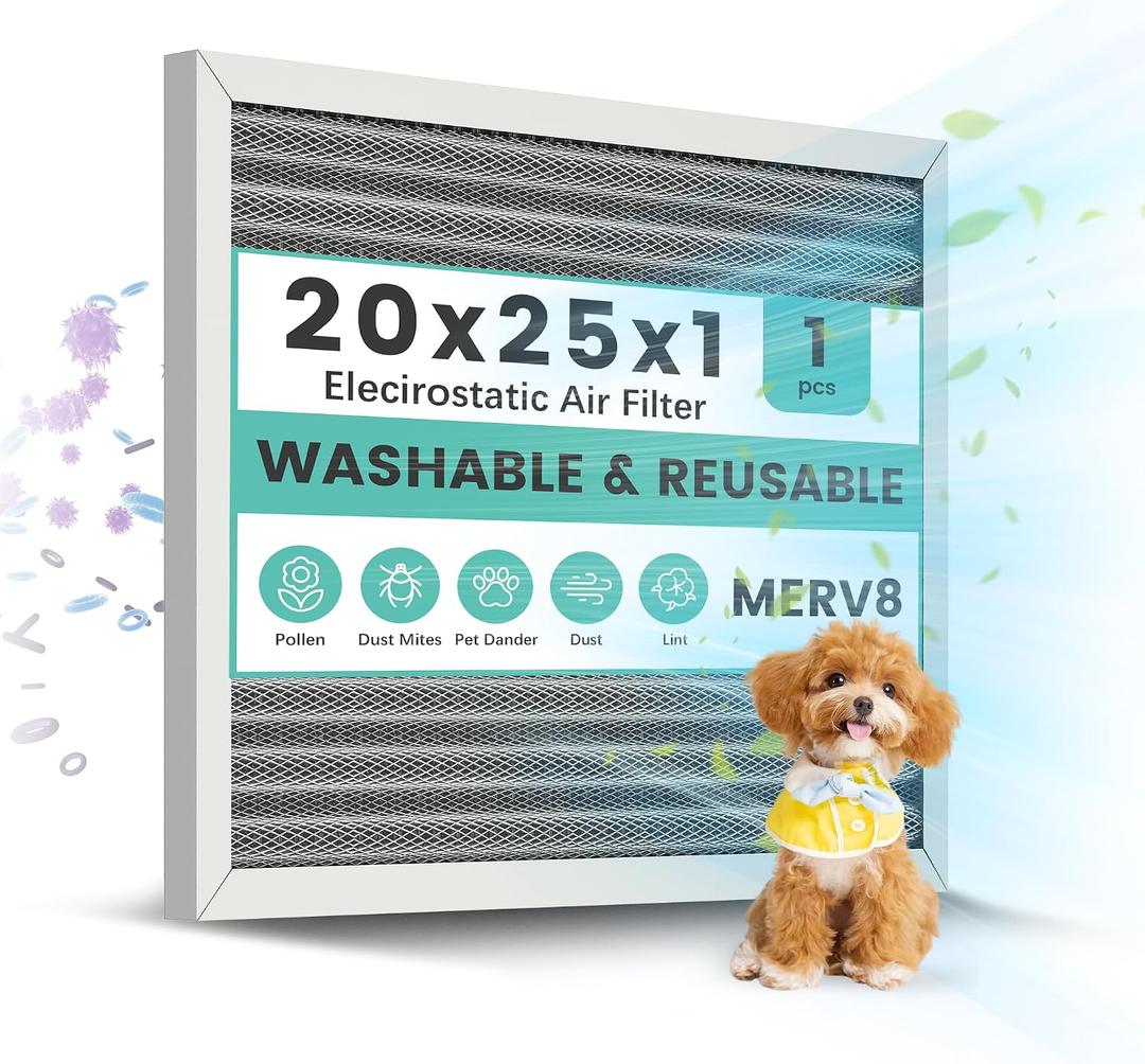 20x25x1 Electrostatic Air Filter Washable Reusable, HVAC AC Furnace Filter, MERV 8, Lasts a Lifetime, Air Conditioner Filter Replacement for Home Office (Actual Size:19.75x24.65x0.82 Inch)