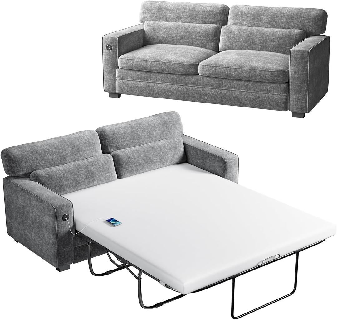Marsail Pull Out Sofa Bed, Queen Size Sleeper Sofa with Memory Foam Mattress, 2 USB Charging Ports & Removable Covers, Chenille Loveseat Couch for Living Room, Apartment, Light Grey