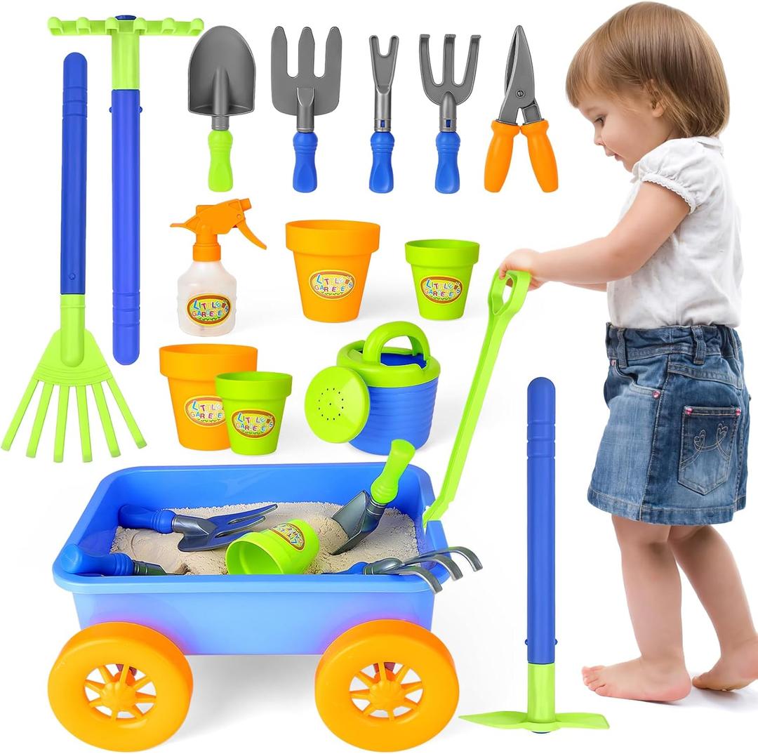 deAO Kids Garden Wagon Wheelbarrow and Gardening Tools Play Set Includes 10 Accessories and 4 Plant Pots,Great Outdoor Toddler Toys Kids Gardening Set (Blue)