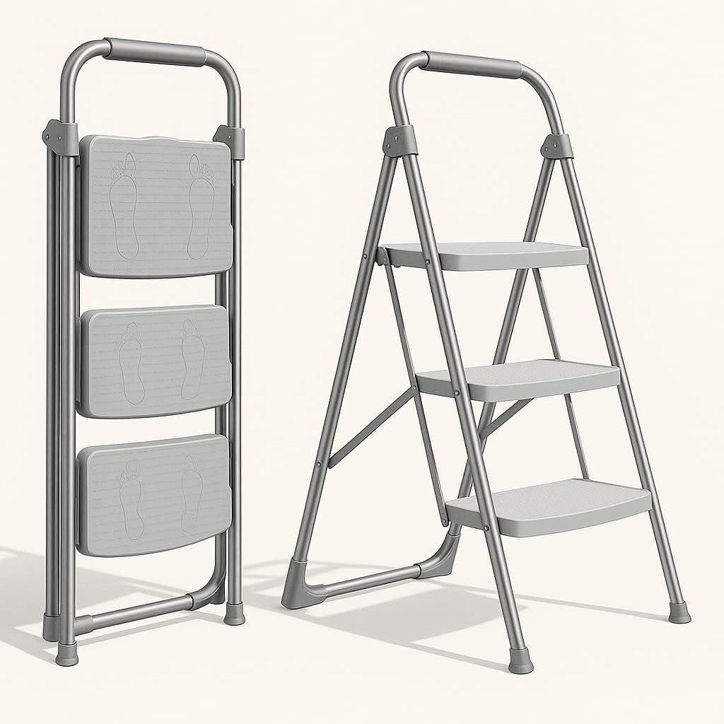 3 Step Ladder Folding Step Stool with Anti-Slip Wide Pedals & Handgrip  Portable Lightweight Steel Step Ladder for Home, Kitchen, Office & Garage  500lbs Capacity
