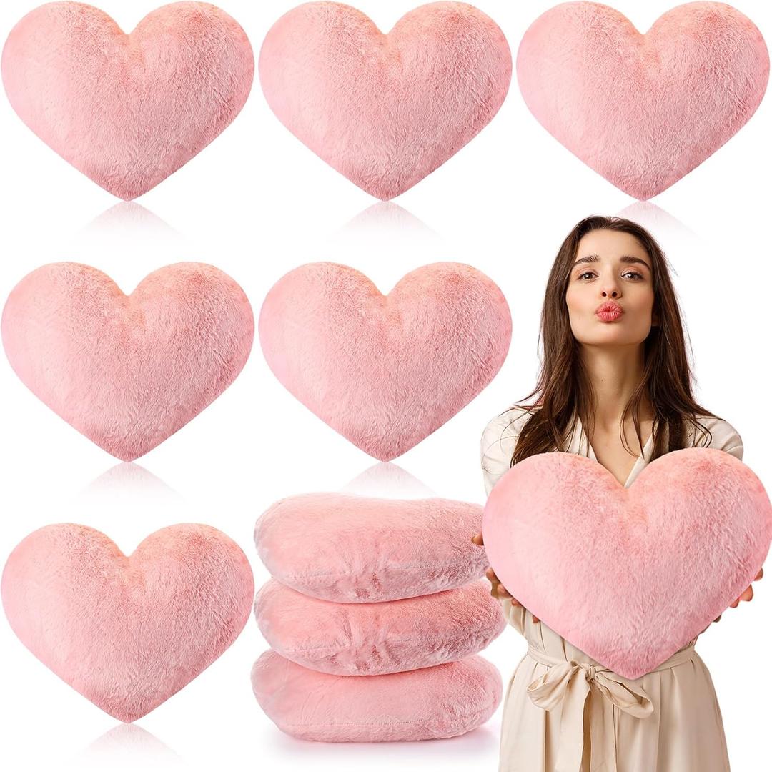 Suzile 6 Pcs Valentines Day Plush Heart Shaped Pillow Fluffy Cute Heart Throw Pillows 18 x 14 Inch Decorative Back Cushions Decoration for Bed Sofa Dining Cars Women (Pink)