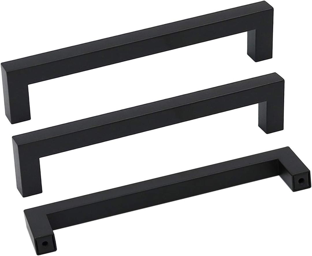 Goldenwarm 10 Pack Black Square Bar Cabinet Pull Drawer Handle Stainless Steel Modern Hardware for Kitchen and Bathroom Cabinets Cupboard,Center to Center 6-1/4in(160mm) Kitchen Cupboard Handles (6-1/4 inch hole centers)
