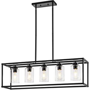 5 Light Dining Room Light Fixture Matte Black Farmhouse Chandelier Over Table Rectangular Kitchen Pendant Lighting Rectangle Modern Industrial Living Room Hanging Lights Adjustable Height