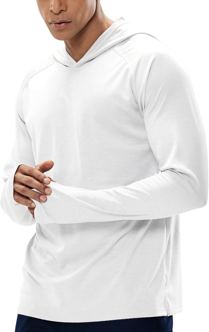 MIER Men's UPF 50+ Sun Protection Hoodie Long Sleeve SPF Fishing Hiking Running Thumbhole Shirts Hooded Quick Dry Lightweight (Large, White - With Hood)