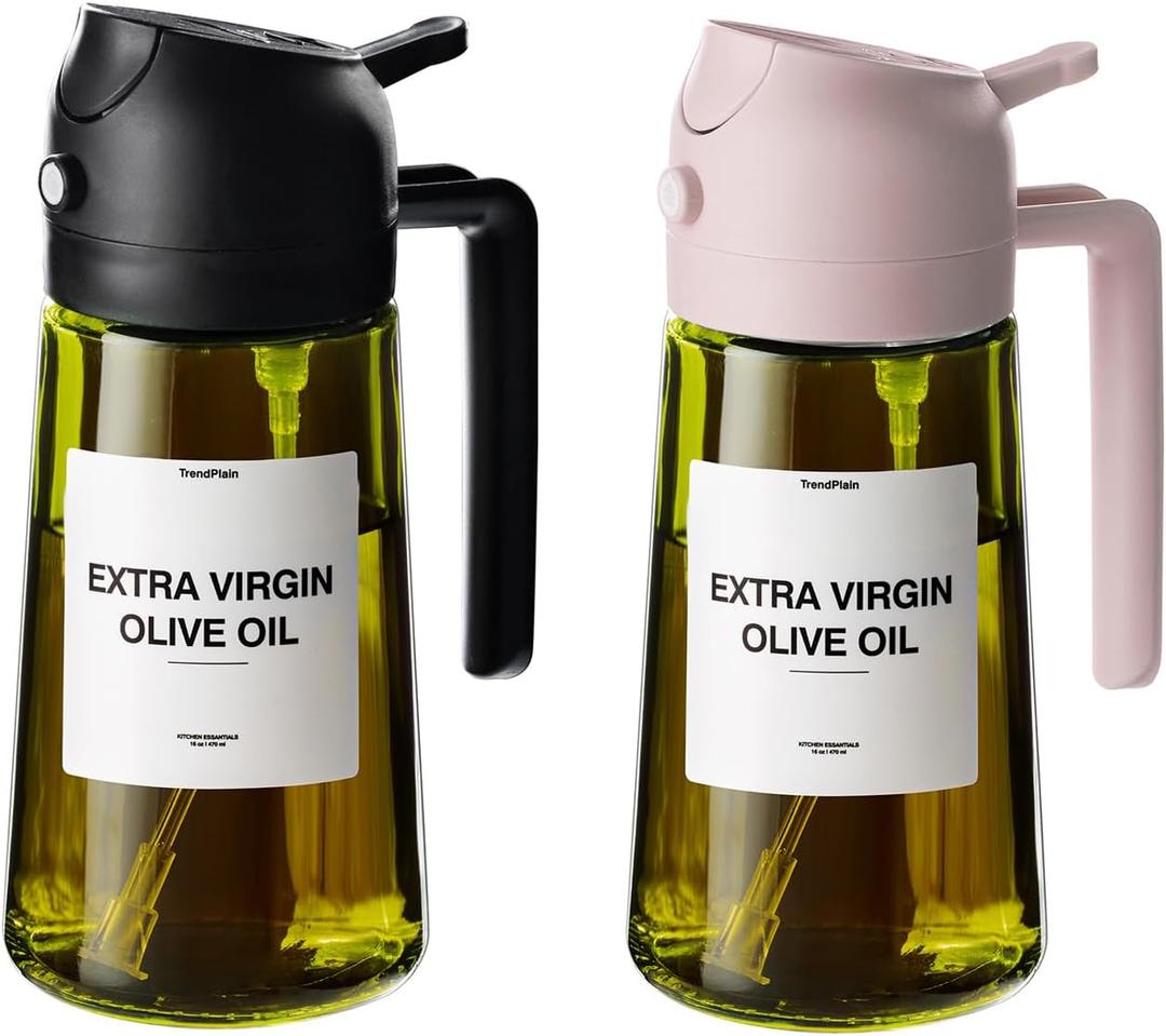 TrendPlain - Original 16oz/470ml Olive Oil Dispenser Bottle for Kitchen Gadgets and Air Fryer Accessories - Olive Oil Sprayer for Cooking w/Stickers (Light Blockage) - Black&Peach