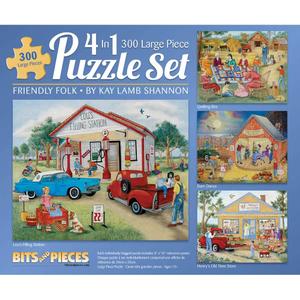 Bits and Pieces 4-in-1 Multi-Pack 300 Piece Jigsaw Puzzles for Adults Friendly Folk by Artist Kay Lamb Shannon, Completed Puzzle Size: 16" x 20"
