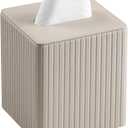 PU Leather Tissue Box Cover Square Tissue Box Holder with Magnetic Closure, Beige Stripe 