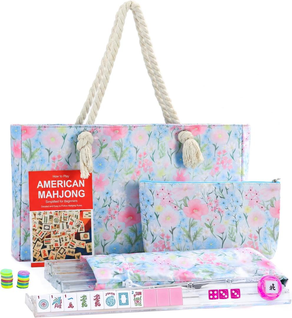 2026 American Mahjong Set Complete with Light Blue Carrying Bag, 166 Pink Engraved Melamine Mahjong Tiles（1.2"）, 4 All-in-One Transparent Mahjong Racks with Pushers, Majiang Tile Set