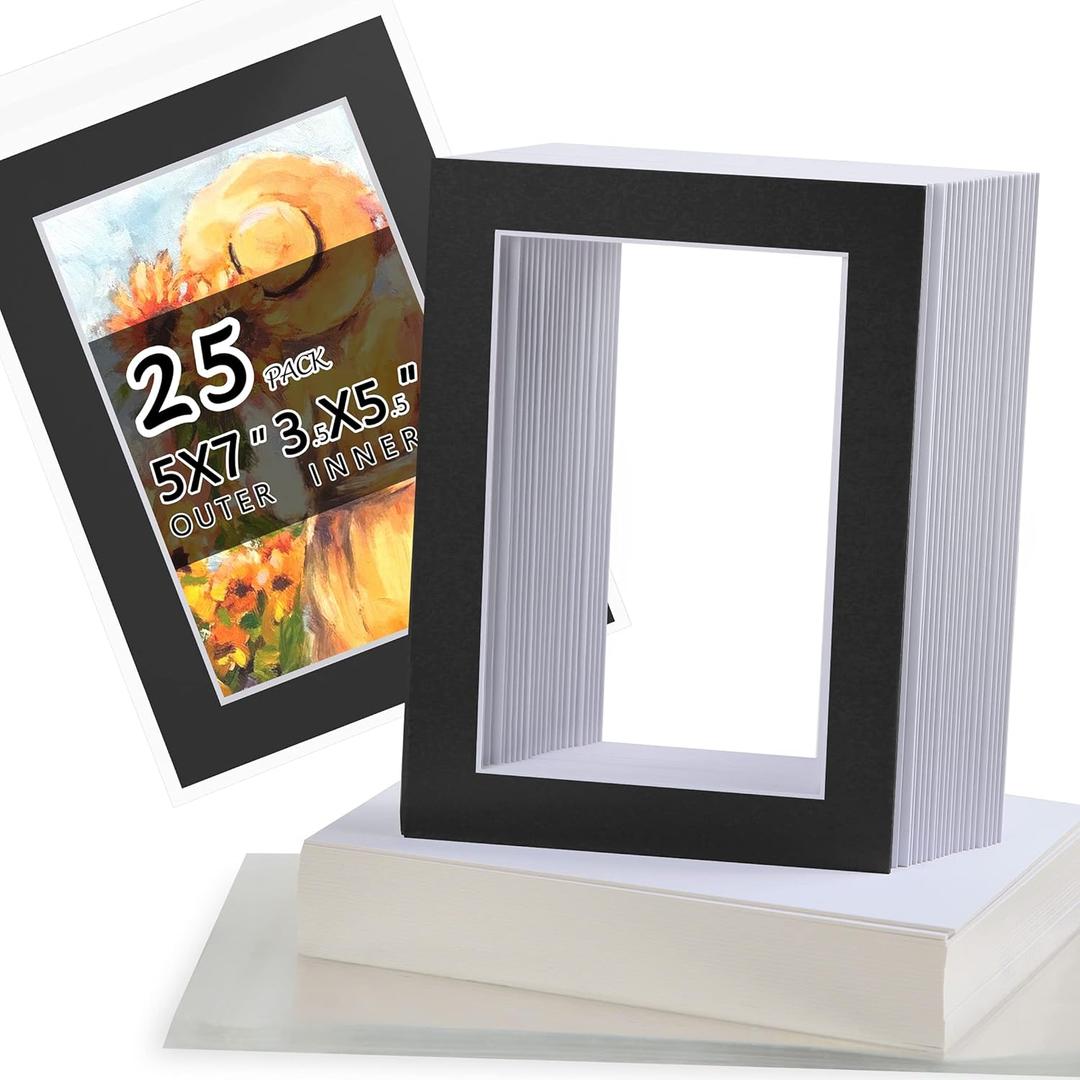 Acid Free 25 Pack 5x7 Pre-Cut Mat Board Show Kit for 4x6 Photos, Prints or Artworks, 25 Core Bevel Cut Matts and 25 Backing Boards and 25 Crystal Plastic Bags, Black