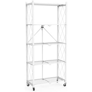 64" H 5 Tier Foldable Storage Shelf with Wheels, Folding Shelving Loads 500 LBS, Metal Steel Garage Shelves, Rolling Standing Utility Rack for Kitchen, Pantry, Office, White