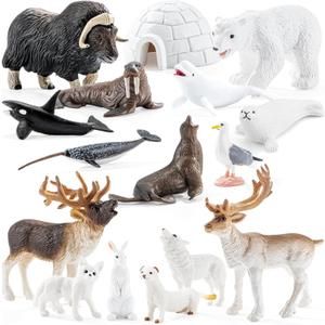 16PCS Mini Arctic Animals Figurines Toys, Winter Polar Animals Toys for Kids Include Polar Bear, Caribou, Orca, Wolf Figurines Cake Toppers Birthday Gifts for Preschool Kids