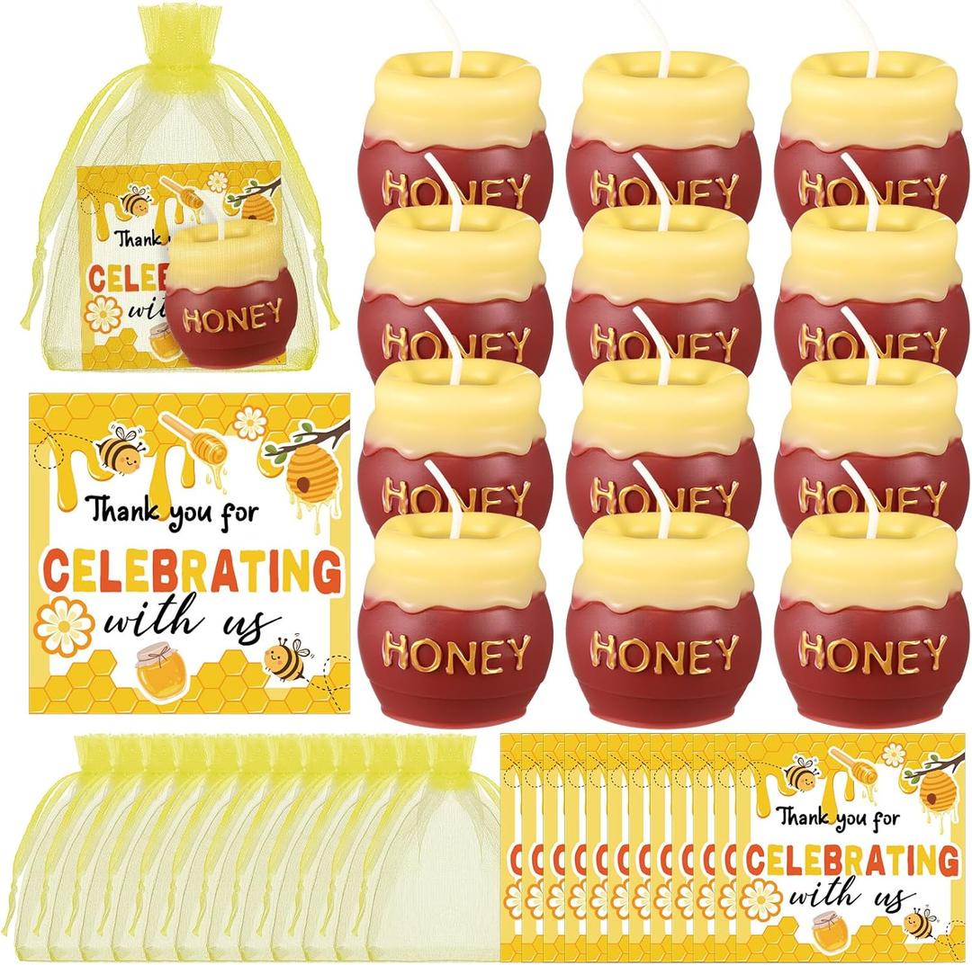 Nuanchu 12 Sets Bee Themed Candle Set for Baby Shower Party Favors Cute Honey Jar Candle with Organza Bags Thank You Tags for Gender Reveal Guests Wedding Party Decoration Gifts