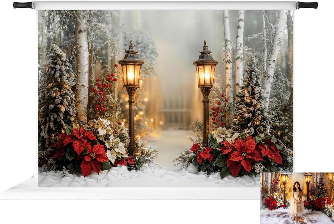 Kate Christmas Lantern Poinsettia Snowy Forest Backdrop Photo Background Studio Props,10x6.5ft