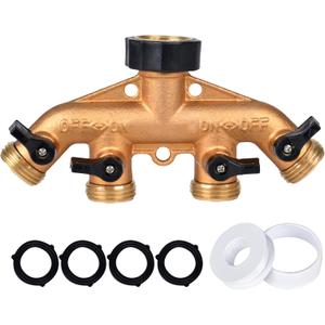 Brass 4 Way Faucet Splitter, 4 Port Manifold, 4-Way Garden Hose Splitter, 3/4" Heavy-Duty Spigot Adapter with Individual Shutoff Valves, Solid Brass Manifold, Leak-Resistant