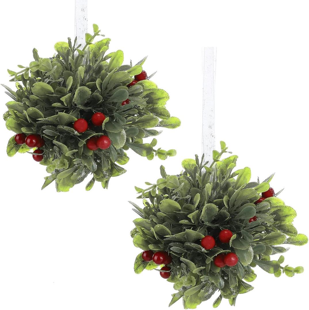 Mistletoe Christmas Decoration Set of 2 Mistletoe Decoration with Red Berry Green Leaf Hanging Christmas Mistletoe Christmas Balls Party Decoration for Home Office Xmas Tree 13 Inch Decor Holiday