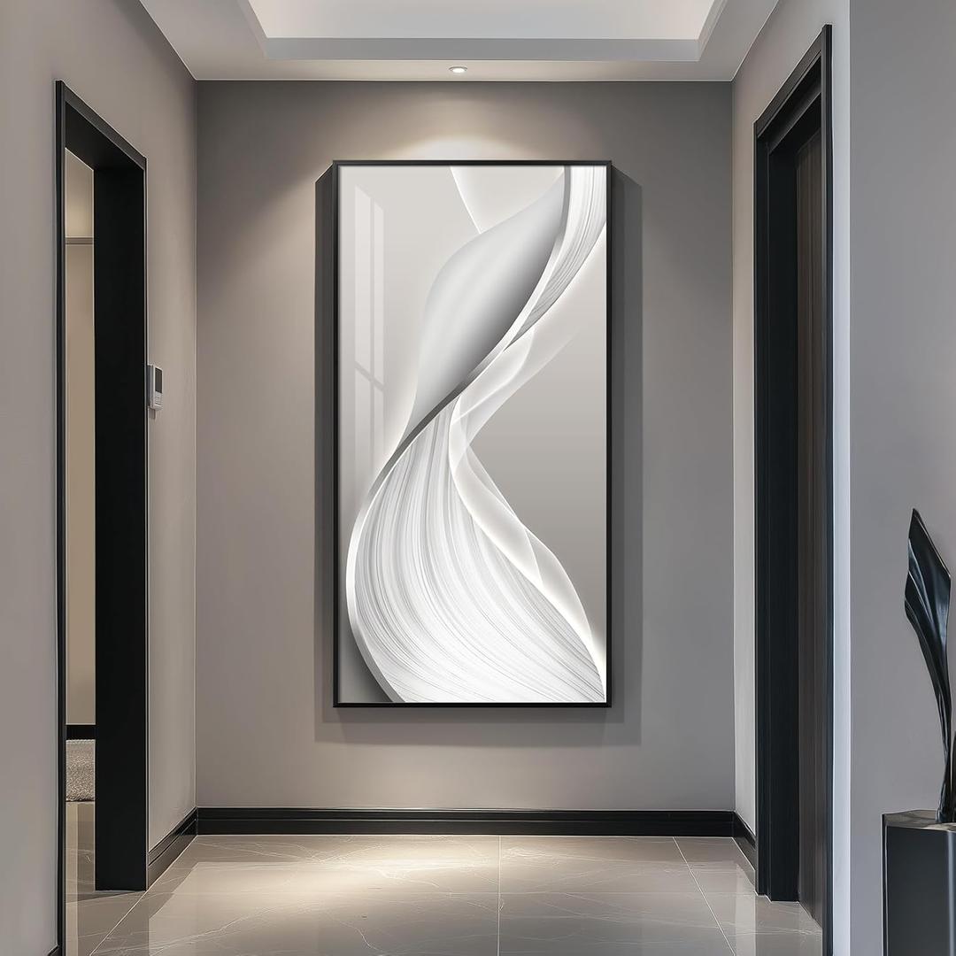 Large Framed Modern Abstract Vertical Wall Art for Living Room, Bright Style Luxury Prints Paintings Artwork for Walls, Minimalist Silver Gray Pictures for Hallway Entryway Foyer Stair Office Wall Decor 30x60 In (Flowing Elegance)