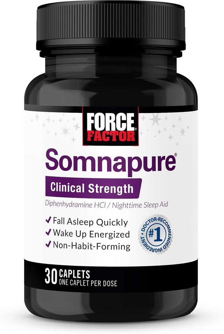 Force Factor Somnapure Clinical Strength Sleep Aid for Adults, Diphenhydramine HCl, Non-Habit-Forming, Nighttime Sleep Support, 30 Caplets