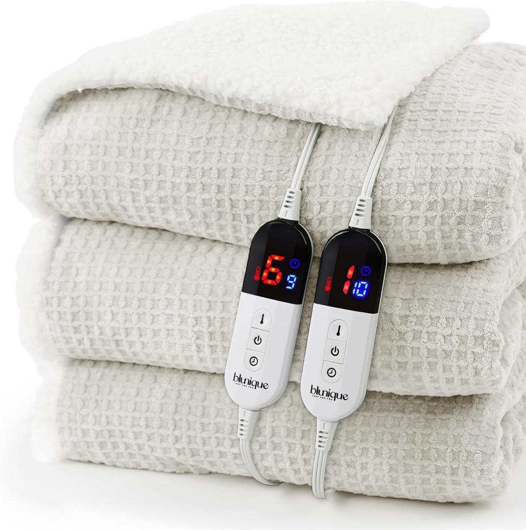 Heated Blanket Electric Blanket Queen Waffle, 84x90 Inches Dual Controllers Sherpa Fleece Fast Heating Blanket 6 Heating Levels & 10 Hours Auto Off ETL Certification,Beige Queen