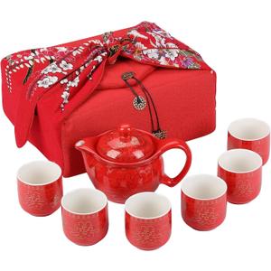 Chinese Tea Set Traditional Red Ceramic with Chinese Teapot and 6 Porcelain Teacups, Asian Gongfu Style Collection for Tea Ceremony, Chinese Wedding Gift with Fabric Box