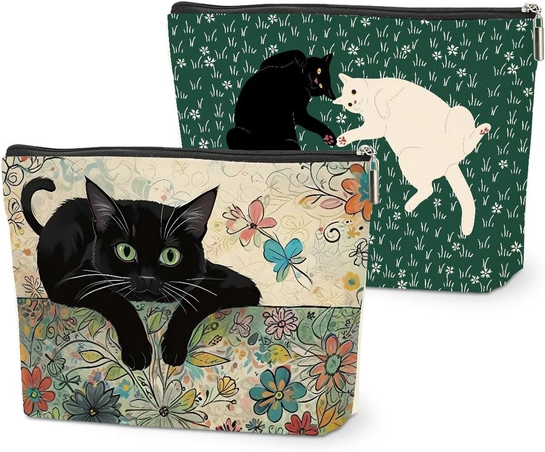 DETIGER 2 PCs Floral Cat Makeup Bag Cat Lover Gifts Cat Gifts Cosmetic Bag, Cat Mom Gifts Cat Themed Gifts for Women Best Friends Coworkers, Cute Cat Stuff Christmas birthday Gifts Zipper Pouch