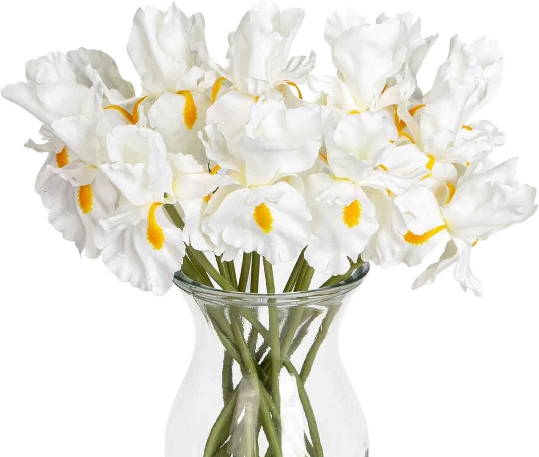 Hollyone Iris Artificial Flowers 15Pcs Faux Iris White Flowers 14.2" Real Touch Fake Flowers Picks Bouquets for Wedding Bridal Home Arrangements Office Table Centerpieces Decor