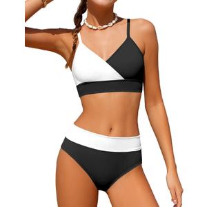 ADIFUN Girls Swimsuits Size 10-12 V Neck Adjustable Straps Black Color Block Bikini Set with Cover Up Skirts 3 Piece Teen Girl Bathing Suits Size 10-12