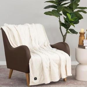 Life Heated Throw - 80 in X 60 in Electric Blanket - EZ Touch Button - 4 Heat Settings - Machine Washable - Extra Long Cord - Reversable White Luxe Faux Fur to Color - Cream