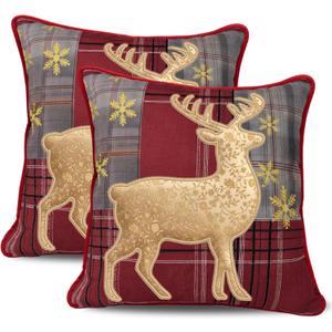 Christmas Reindeer Throw Pillow Covers 18x18 Set of 2, Red Plaid Embroidered Deer Cushion Covers, Rustic Farmhouse Holiday Decorative Tartan Pillow Cases for Sofa Couch Bedroom Home Decor
