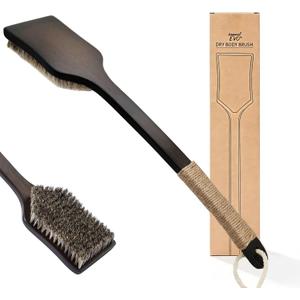 Back Scrubber Shower Brush,Dry Brushing Body Brush with 17.7 Inch Curved Long Handle, Natural Bristles for Lymphatic Drainage (Natural Fiber, Medium)
